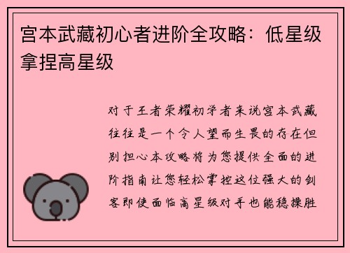 宫本武藏初心者进阶全攻略：低星级拿捏高星级